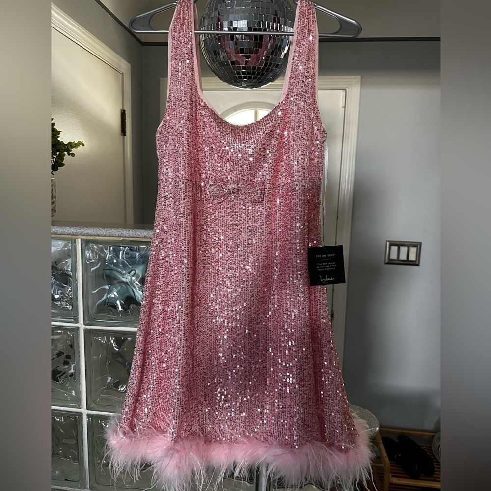 Lulus Popular Invite Pink Sequin Mesh Feather Mini Dress